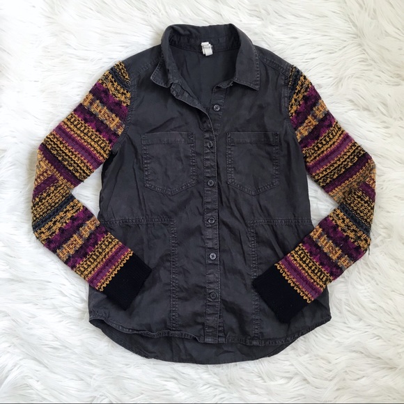 Free People Tops - Free People Grey Button Down Top Knit Sleeves